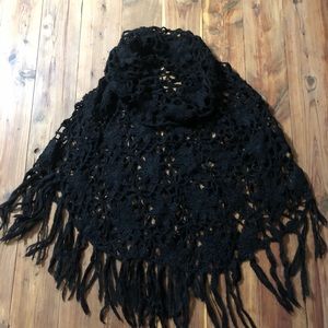 Arden B Black Crotchet Knit Cowl Neck Poncho
